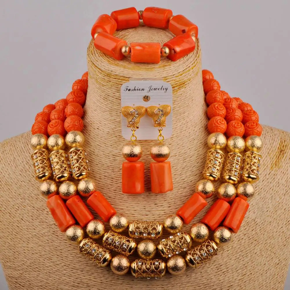 

Fashion African Wedding Beads Orange Natural Coral Necklace Wedding Dress Jewelry Nigerian Bride Wedding Jewelry Set AU-296