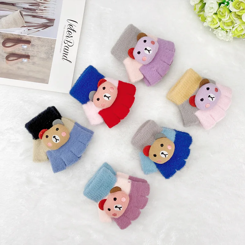 

Wecute Kids Gloves Winter New 3-6 Years Cute Cartoon Baby Boys Girls Flip Gloves Harf Finger Knits Wool Warm Children's Mittens