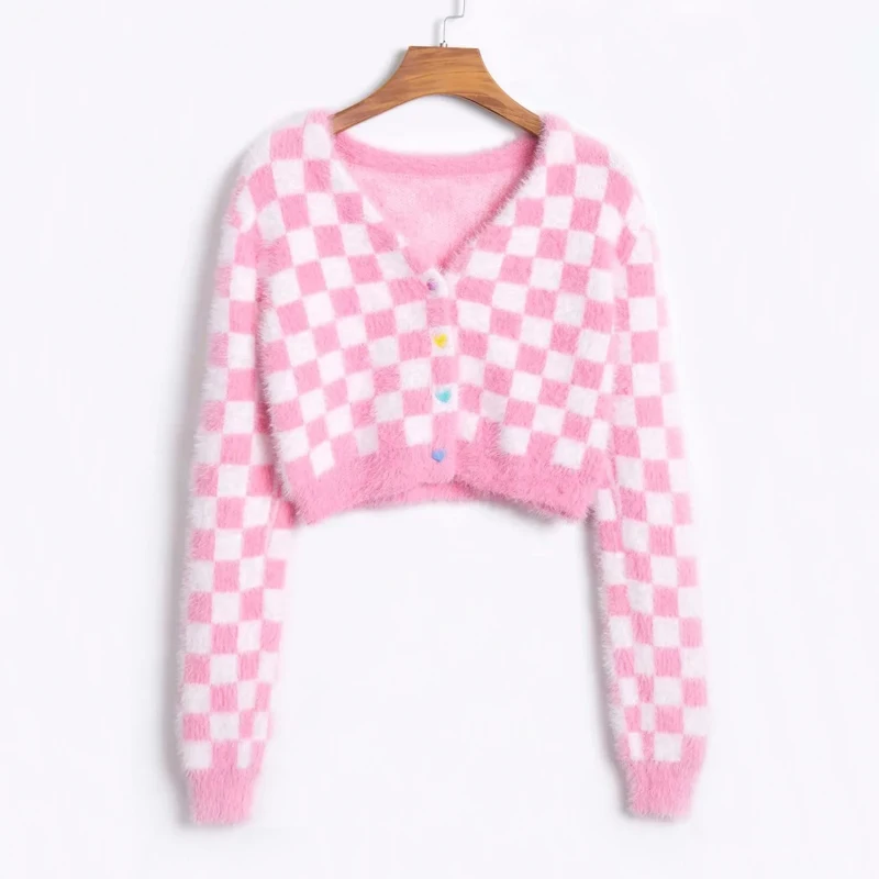 Women Check Fluffy Cropped Cardigan With Sweetheart Button Placket In Pink And White Deep V Neck Crop Knit Jumpers Sweater |