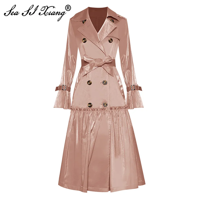 

Seasixiang Fashion Designer Autumn Trench Women's Turn-down Collar Flare Sleeve Double breasted Long Overcoat