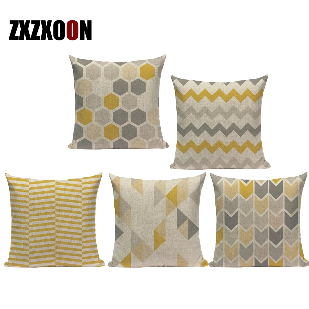 Подушка для дивана гостиной с геометрической полосой желтого и серого цветов
