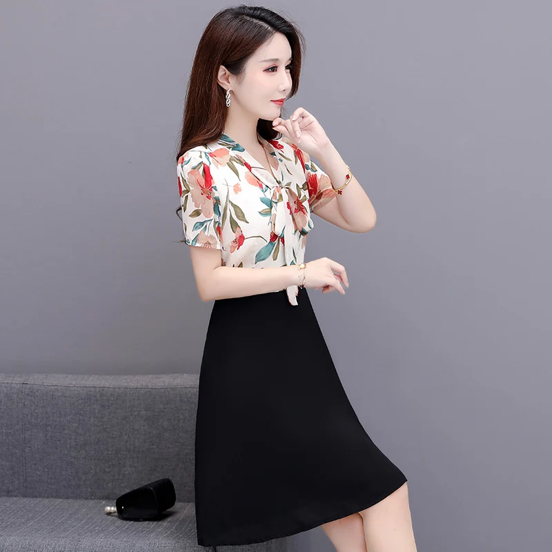 

COIGARSAM 4XL Plus Size Short Sleeve Women dress New Summer Spring Chiffon Floral Print Dresses Design And Color 8877