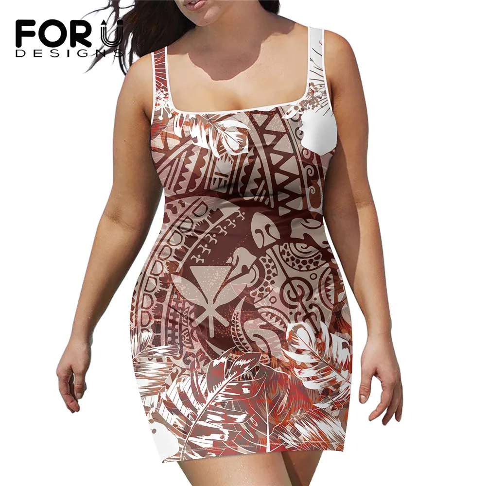 

FORUDESIGNS Elegant Ladies Sleeveless U-neck Mini Dress Hawaiian Turtle And Plumeria Pattern Women Slim Bodycon Pencil Dresses