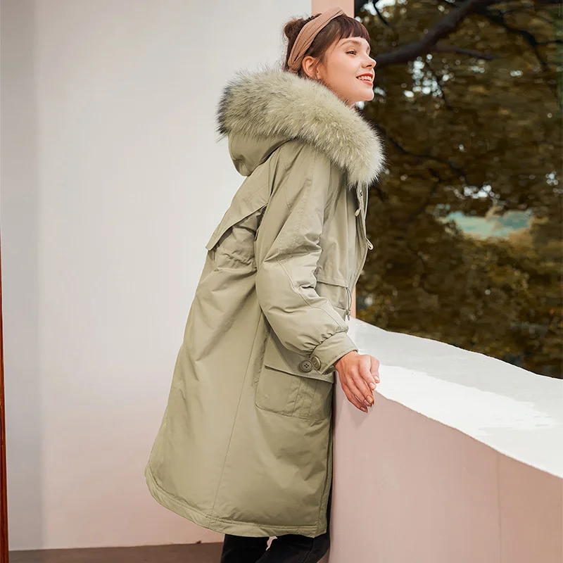 

SHZQ Down Jacket Women's Middle and Long 2021 Winter Clothes New Fashion White Duck Down Work Clothes Coat Large Wool Collar