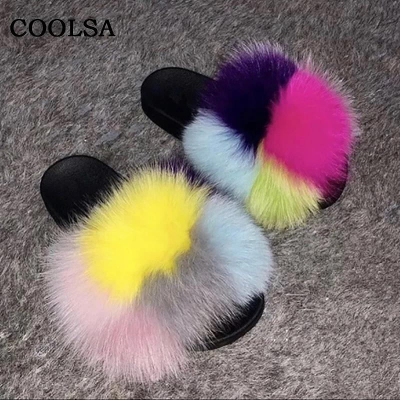 Coolsa/летние женские шлепанцы из лисьего меха; шлепанцы без задника с натуральным мехом; женские домашние Вьетнамки; повседневные сандалии с мехом; модная пушистая плюшевая обувь