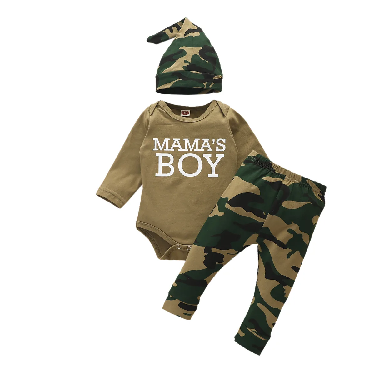 

Spring and autumn letter printing camouflage long-sleeved trousers newborn romper free hat three-piece suit