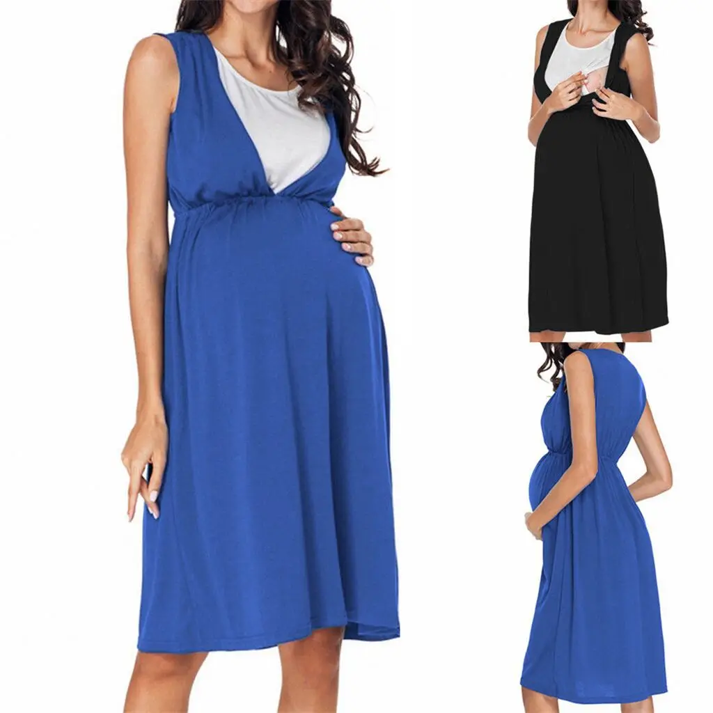 

Summer new maternity gown Round neck sleeveless Breastfeeding dress nursing dress maternity pregnancy clothes dress Q0405