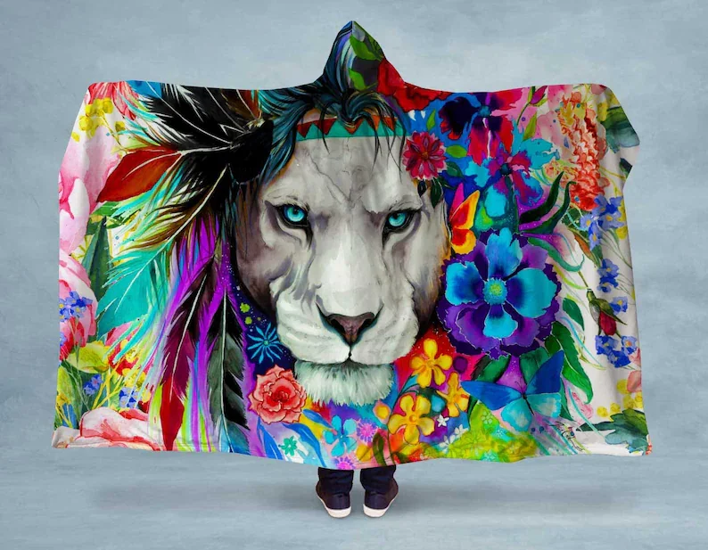 

Hoodie Blanket Flower Headdress Lion Hooded Sherpa Blanket - Made in the USA