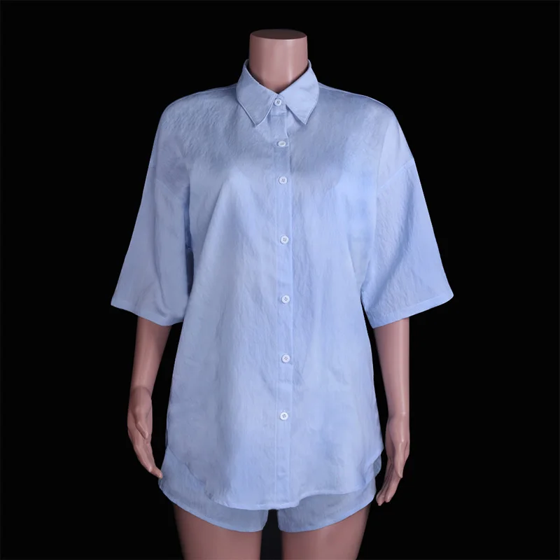 

Women's 3/4 Sleeve Short Tracksuit Two Piece Suit Oversized Loose Shirt Elastic Waist Drawstring Shorts 2021 Summer Lady Sets