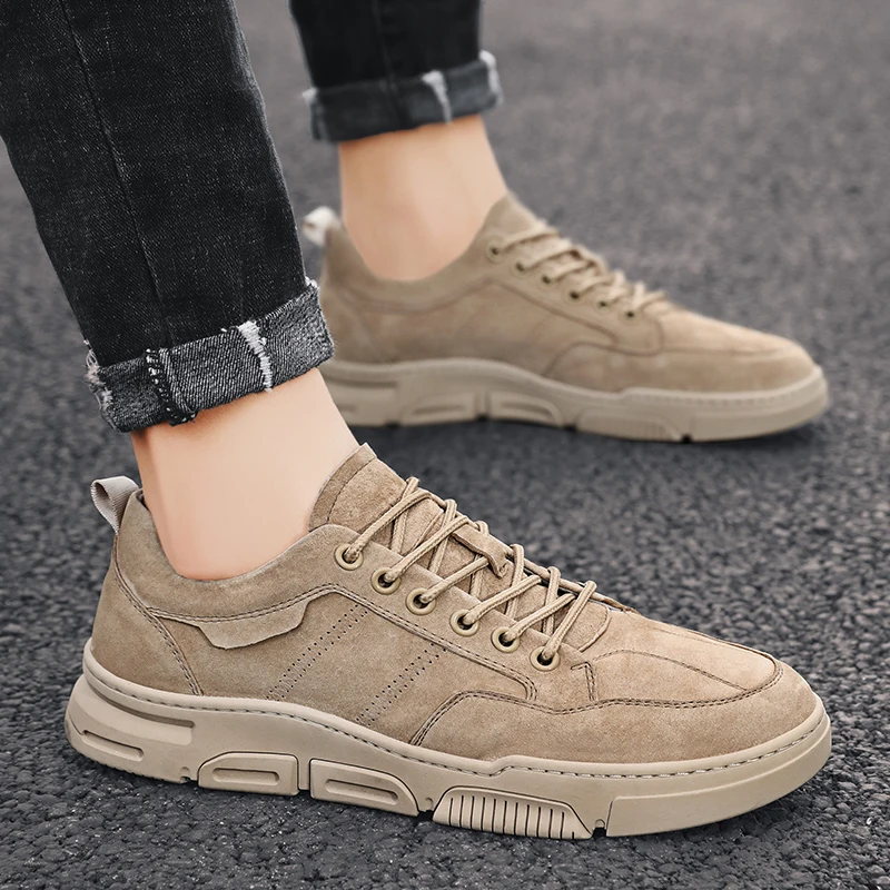 

Autumn Winter Men Shoes New Genuine Leather Outdoor Casual Shoes Sneakers Breathable Non-slip Walking Shoes Khaki Simple *