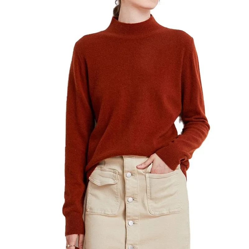 Maglione di lana Merino Pullover mezzo collo alto da donna camicia a maglia allentata autunno inverno maniche lunghe top in Cashmere filettato