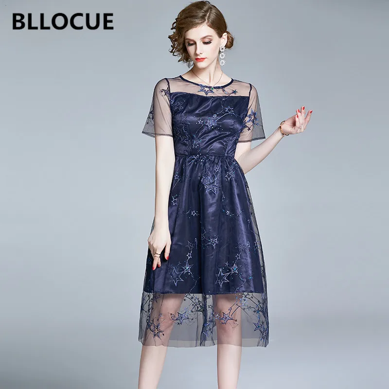 

BLLOCUE 2020 летняя Новинка; Модные туфли с градиентом цвета вышитые перспектива сетки Платье с круглым воротником женские пикантные вечерние пл...