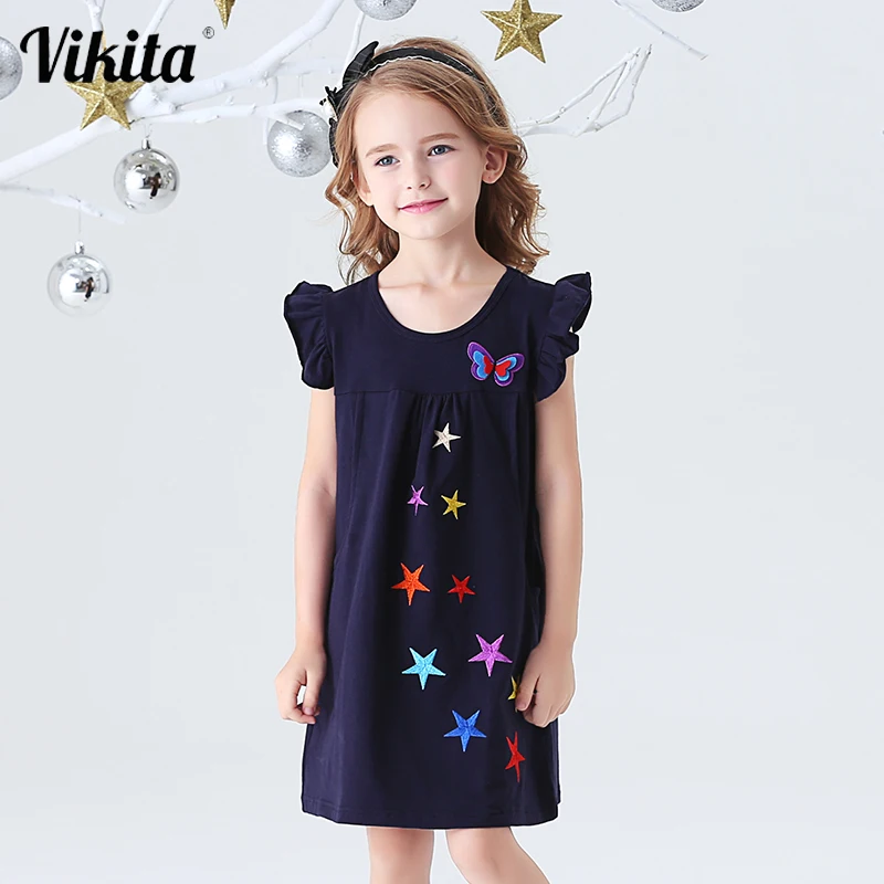 Купи VIKITA Girls Butterfly Dress Kids Cotton Dress with Flare Sleeve Kids Summer Dresses for Girls Children Embroidery Vestidos за 680 рублей в магазине AliExpress