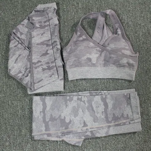 3PCS Purple Set Комплект из 2 предметов, камуфляжный, камуфляжный, для йоги, спортивная одежда для женщин, для спортзала, фитнеса, одежда для занятий йогой, леггинсы+ спортивный бюстгальтер, спортивный костюм для спортзала, Femme - Цвет: 3PCS Purple Set