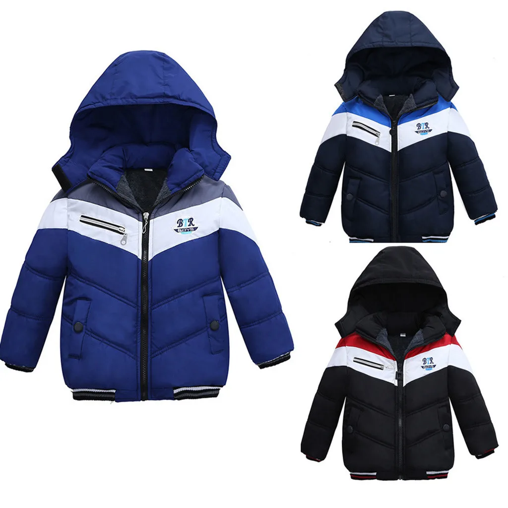 

2021 New Toddler Kids Baby Boys Girls Winter Stripe Jacket Zipper Hooded Windproof Coat Fashion Stitching Printing Warm Artifact