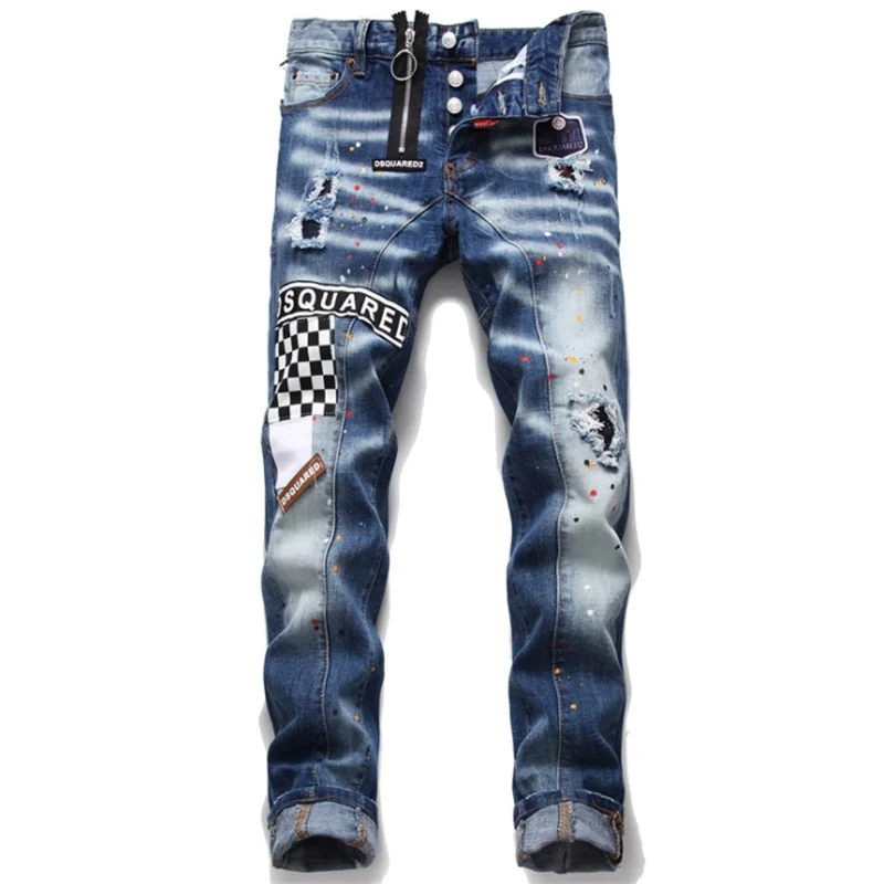

European style italy dsq BIKER JEANS Men slim jeans mens denim trousers button blue hole skinny Pencil Pants jeans DSQUARED2