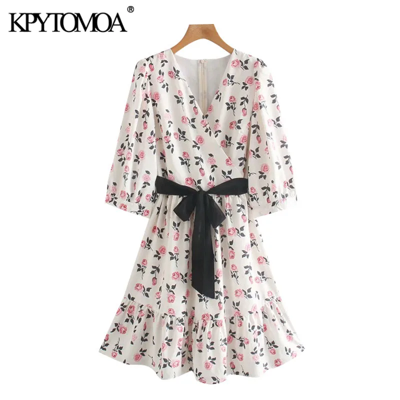 Мини платье KPYTOMOA женское с поясом модное шикарное винтажное оборками и цветочным