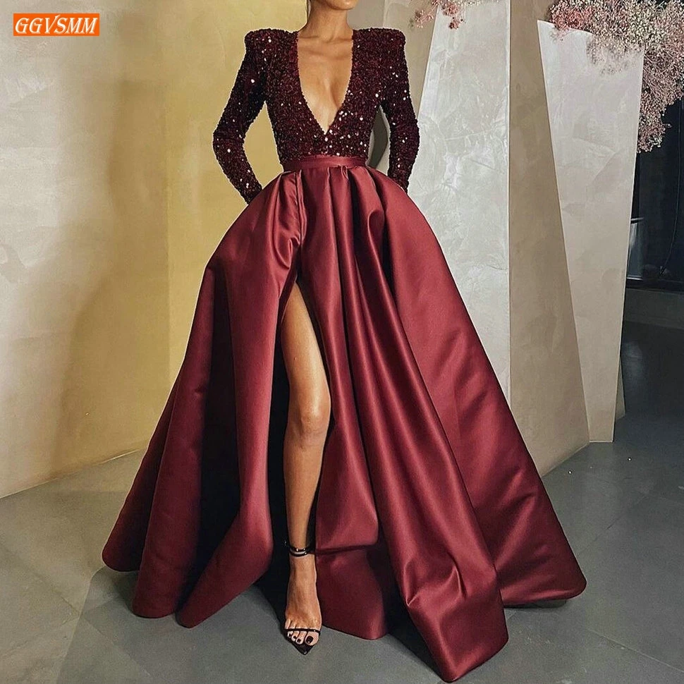 

Бордовый, v-образная горловина, вечернее платье 2021 из атласа с длинным рукавом сбоку Разделение ТРАПЕЦИЕВИДНОЕ вечернее платье Платья для в...