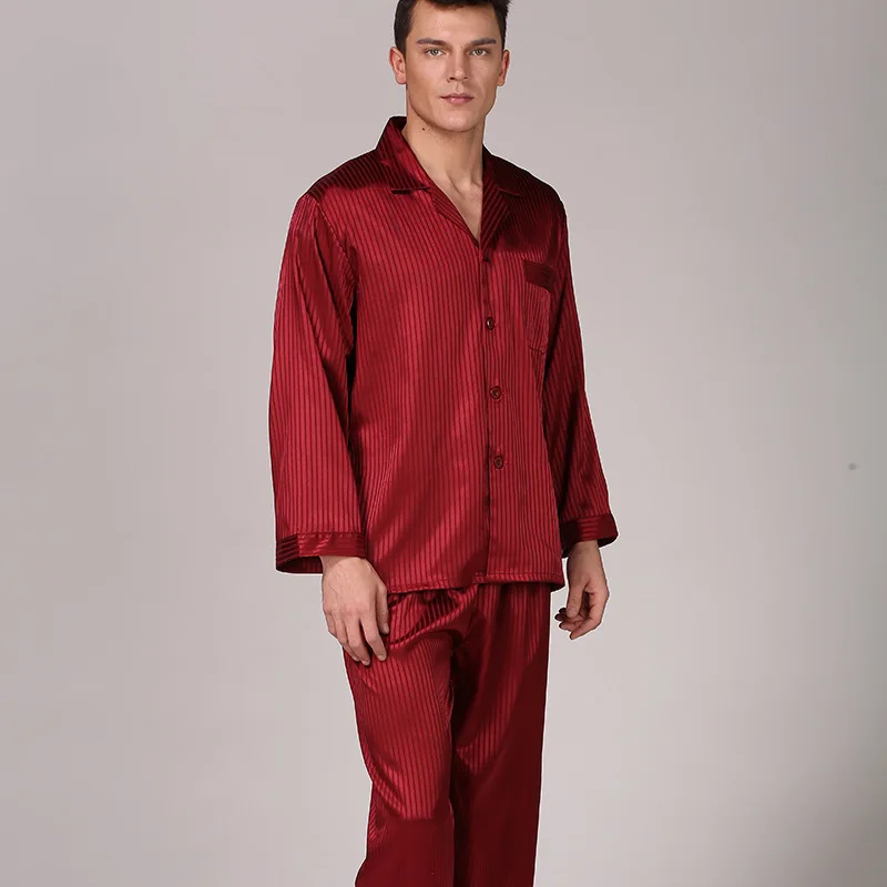 Men Leisure Suits Silk Pajamas for Men Striped Sleepwear Men Pajama Sets Long Sleeve Pants Silk Suit Large Size Home Clothes