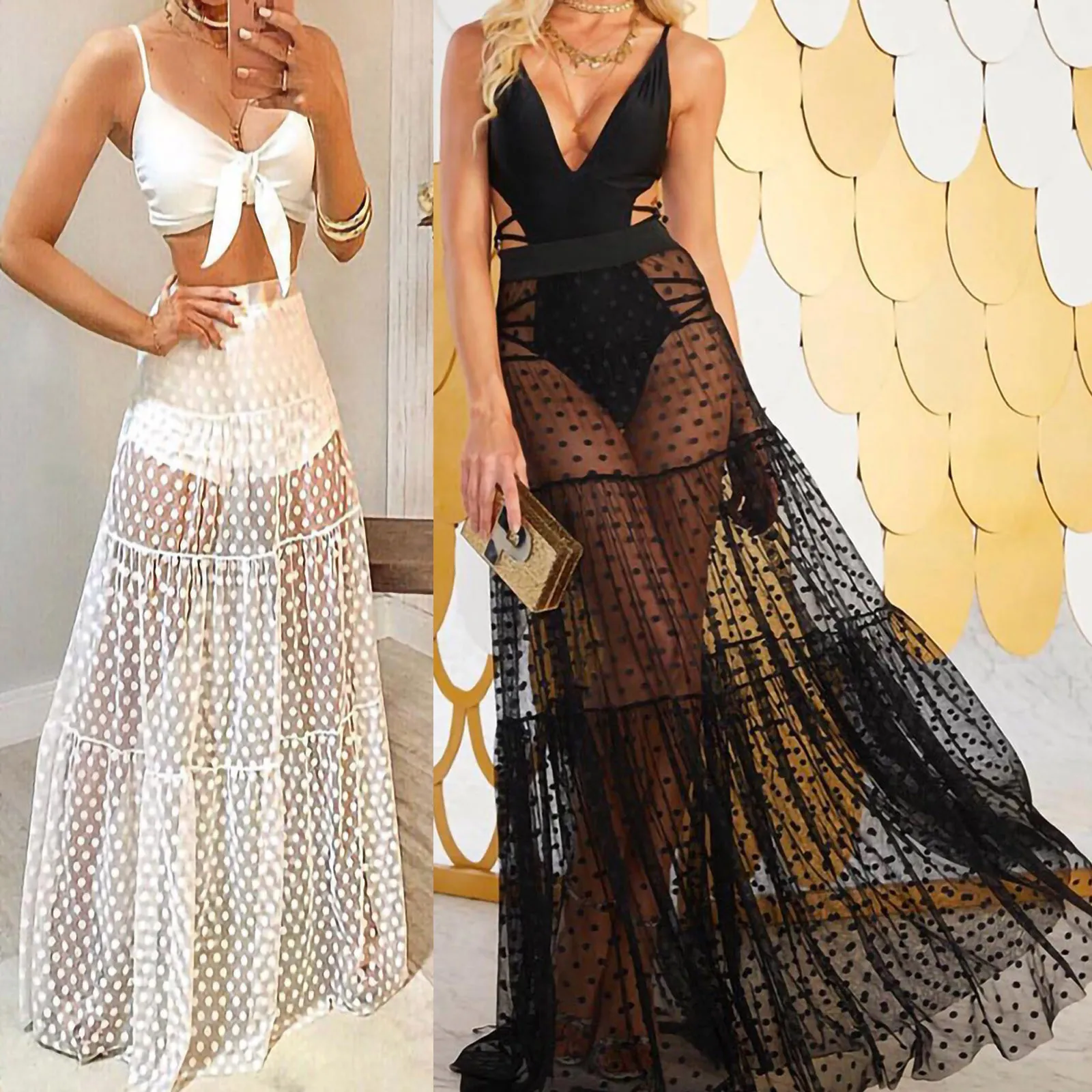 

Sexy Perspective Women's skirts New Plaid Spliced Wave Point Pleated Skirt Black White Woman Pleated Skirts Half-body Skirt#0207