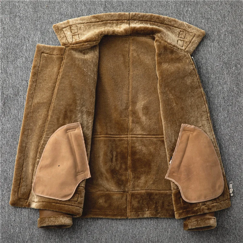 Мужская теплая куртка из натуральной кожи коричневая повседневная большого
