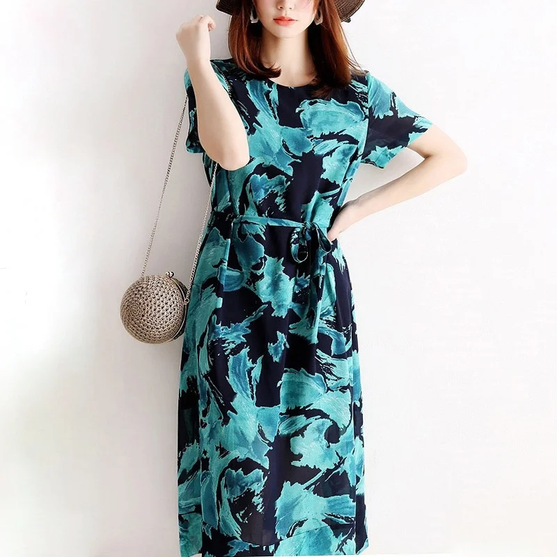 

Luxury Women's Dress 2021 Summer New Ink Painting Skirt Hepburn Style Simple Short Sleeve Lace Up Dress Women's Dress