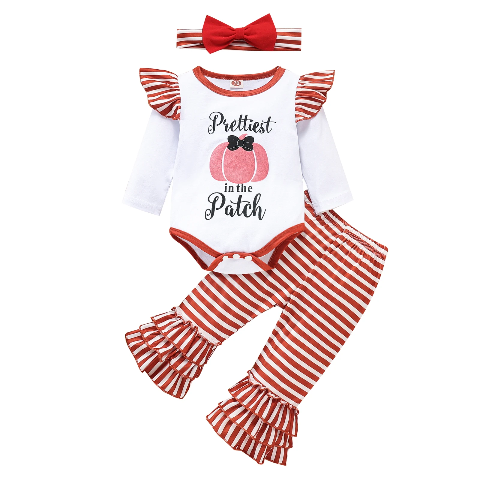 

OPPERIAYA Baby Girls Three-piece Clothes Casual Set Pumpkin Print Pattern Round Collar Bodysuit Flared Pants Bow Knot Headdress
