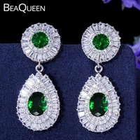 beaqueen water drop shape long wedding earrings cubic zirconia crystal paved oval round green stone women ear jewelry e162