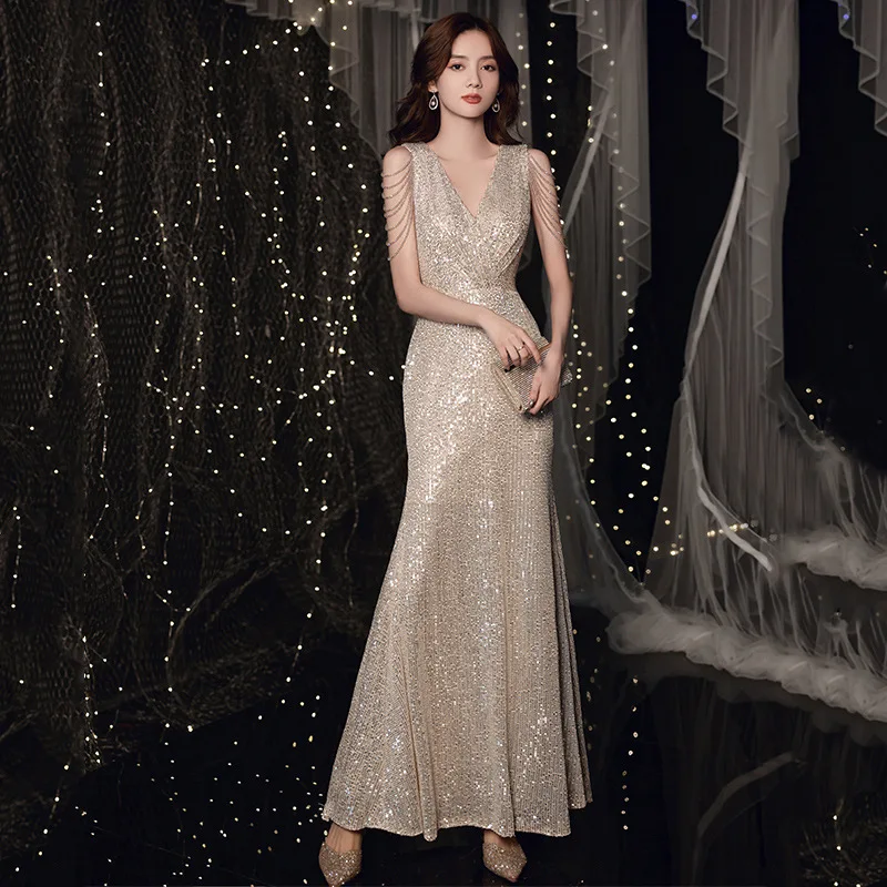 

Дамы с длинными рукавами и v-образным вырезом, вечернее платье для девочек с блёстками с изображением русалки, Тонкий Формальные Вечерние пл...