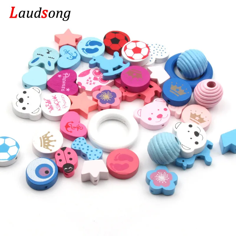 30pcs Random Mixed Style Cartoon Wooden Beads For Jewelry Making Diy Creative Baby Pacifier Chain Accessories 12-33mm