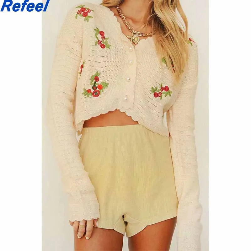 

Женский Короткий трикотажный кардиган с длинным рукавом, тонкий трикотажный кардиган с V-образным вырезом и жемчужными пуговицами и цветоч...