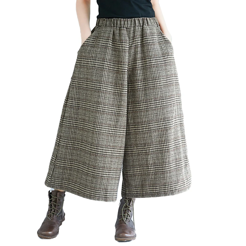 

Women Spring Fall Fashion Calf Length Elastic Waist Plaid Classical Retro Pants Office Lady Loose Casual Wide Leg Cotton Trouser