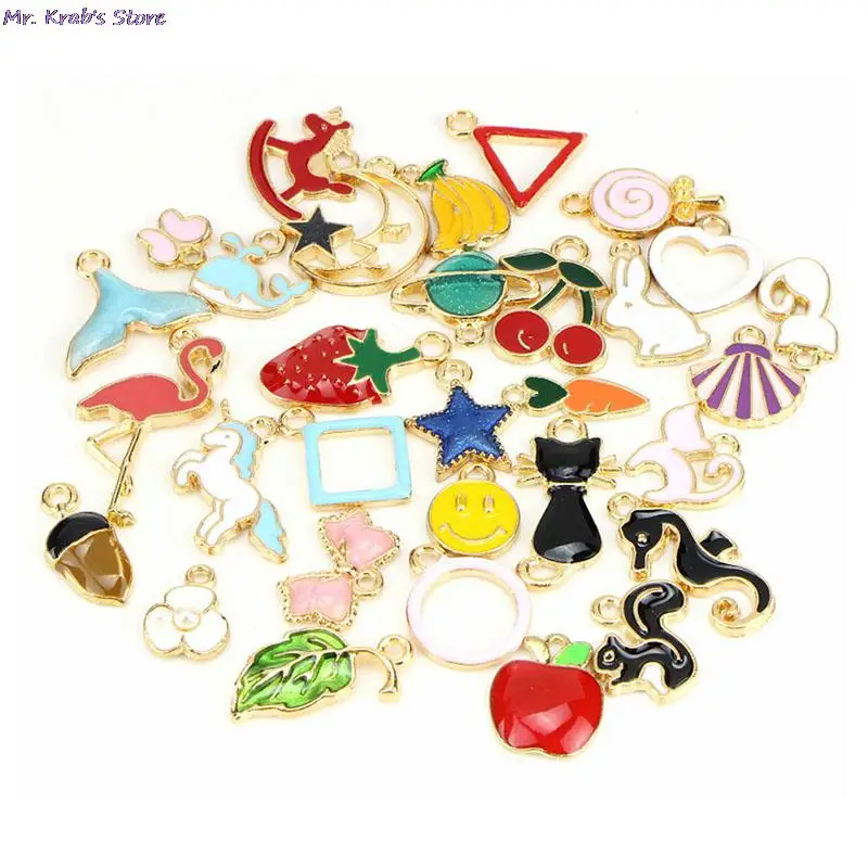 

30Pcs/set Mixed Enamel Beads Pendants Animals Fruit Cat Leaf Charms Craft DIY Jewelry Findings