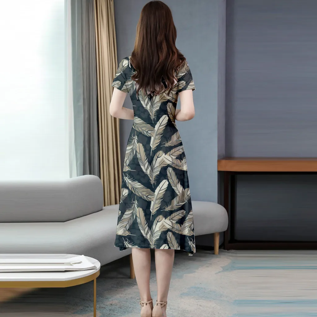 

Feather print mid long summer dress Korean Short Sleeve waist A-line dress female round neck print girl Fashionable dress for wo