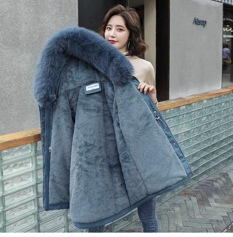 

Wool Liner Winter Long Down Jacket Women Solid With Fur Collar Hooded Women's Thick Coat Plus Size Slim Casual Female Parkas