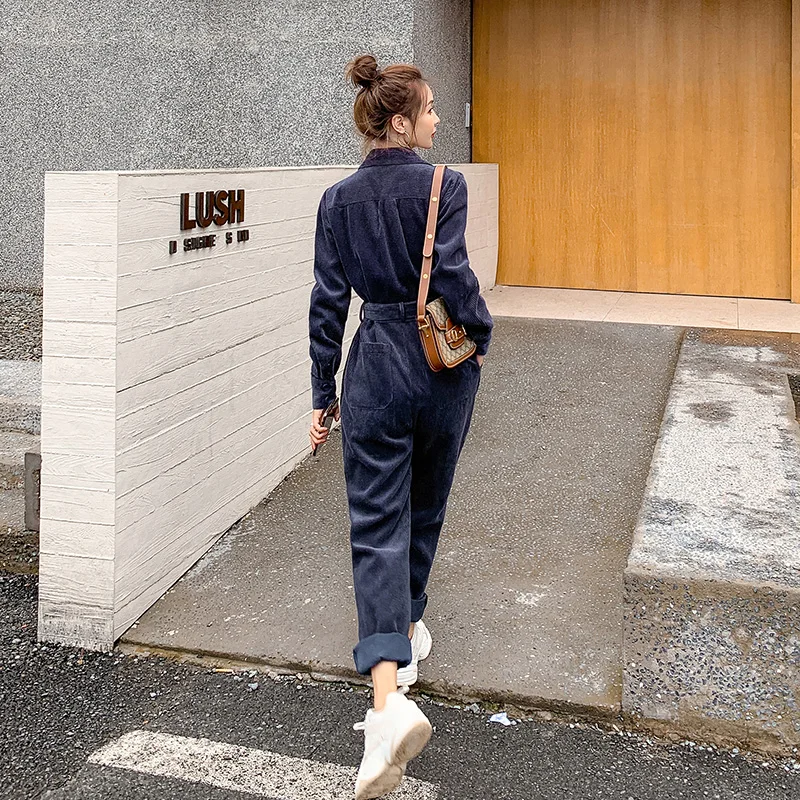 Вельветовые комбинезоны для женщин с длинным рукавом Свободные двубортные Sashe