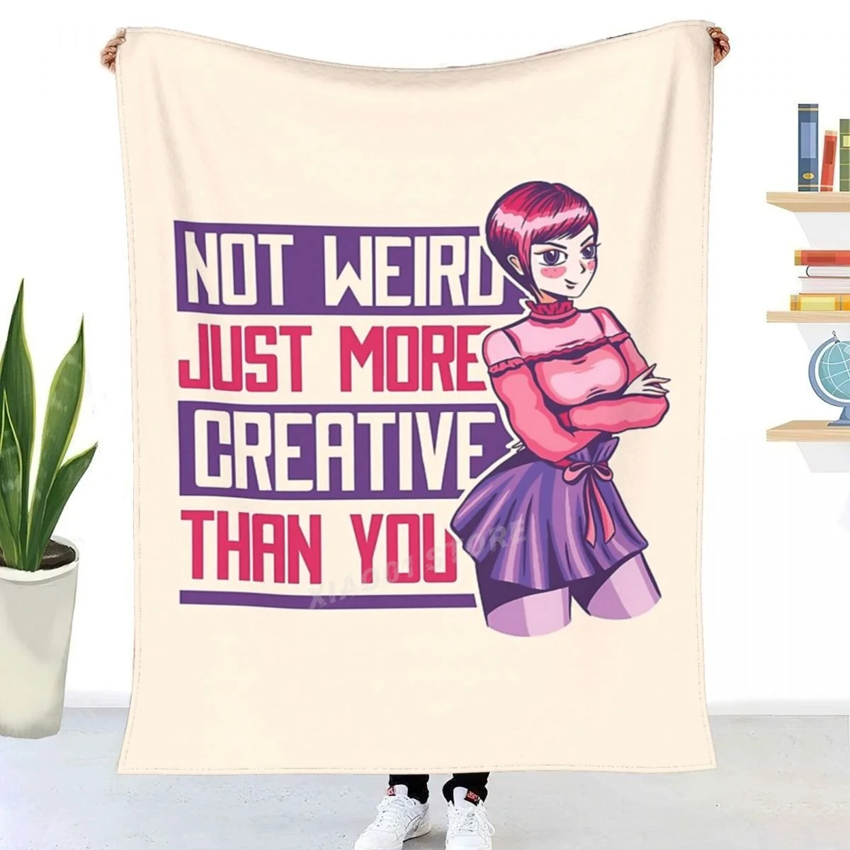 

Anime Girl With Not Weird Just More Creative Than You Quote Throw Blanket Sherpa Blanket Bedding soft Blankets