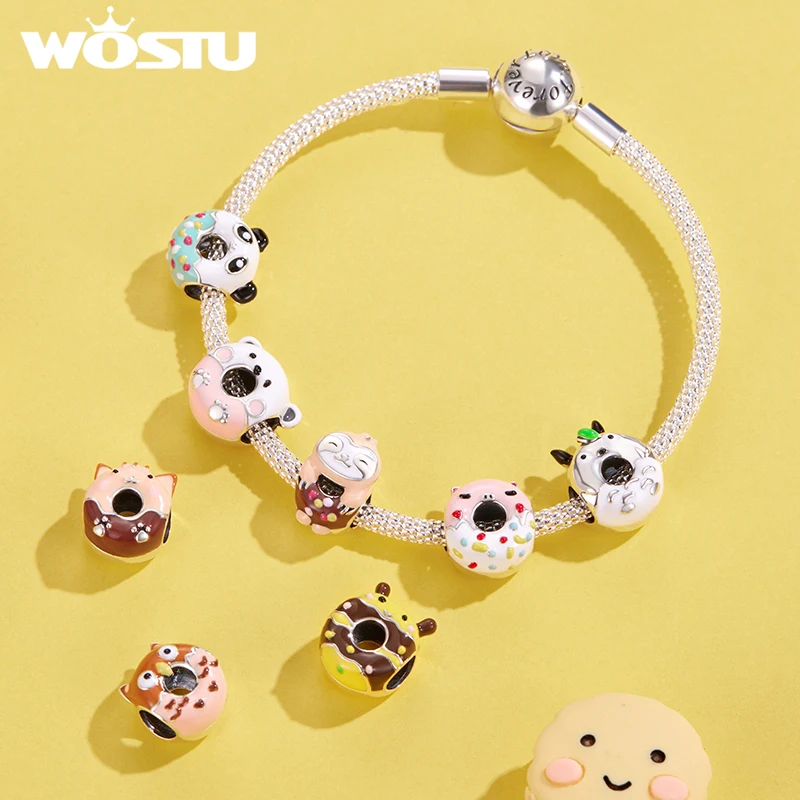 

WOSTU 925 Sterling Silver Panda Bear Kitty Bee Piglet Donut Charms Pendant Fit Original Bracelets Women Fashion DIY Jewelry Gift