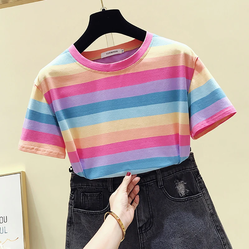 Shintimes New Striped Color Cotton Short Sleeve T Shirt Women 2021 Casual Ladies Summer Shirts Womens Clothing Tee Femme | Женская
