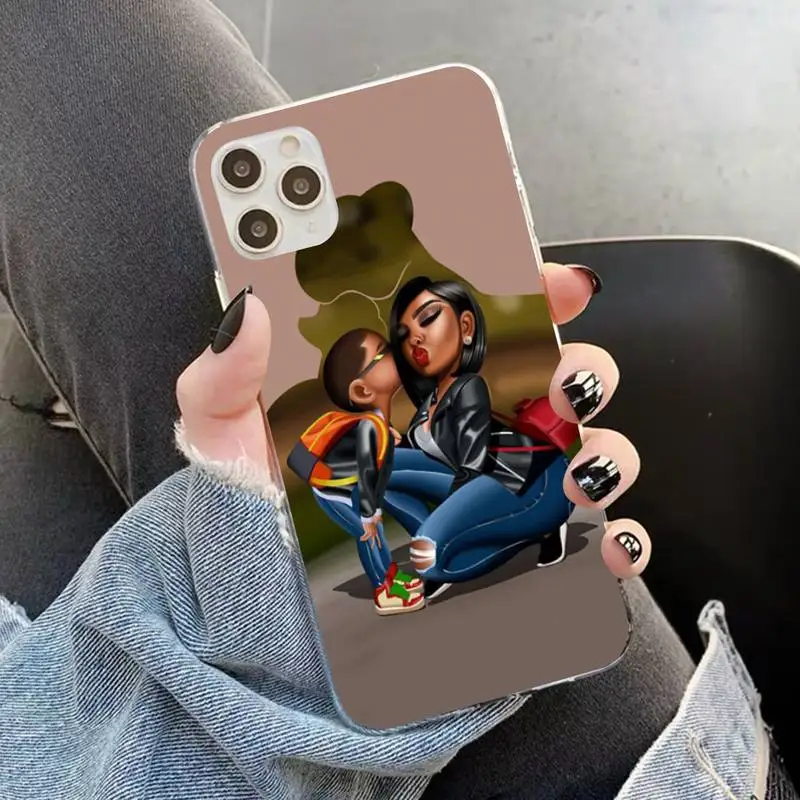 YNDFCNB Black Brown Hair Baby Mom daughter Girl Son Dad Phone Case for iphone 13 11 12 pro XS MAX 8 7 6 6S Plus X 5S SE 2020 XR images - 6