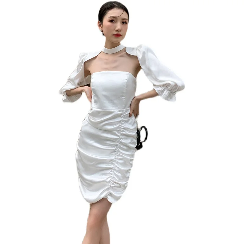 

New dress female summer white society advanced touch hubble-bubble sleeve strapless dress with neck