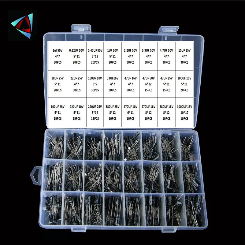 

500Pcs/lot 0.1UF-1000UF 24Values Aluminum 16-50V Mix Electrolytic Capacitor Assorted Kit And Storage Box