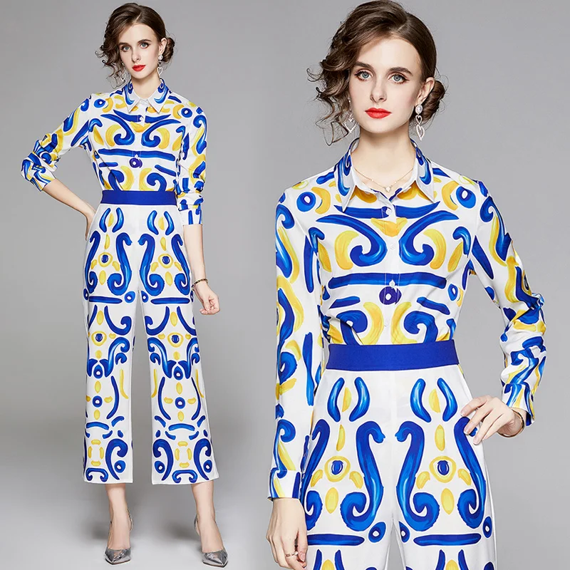 

European and American Fashion England Design Print Two Piece Set Top and Pants Wide Leg High Waist Loose Trousers Women Outfits