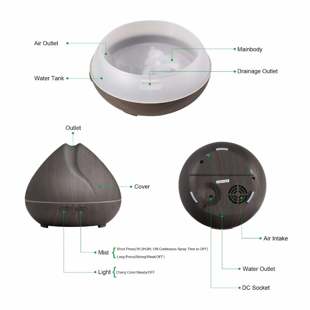 

400ml Aroma Essential Oil Diffuser Ultrasonic Air Humidifier with Wood Grain 7 Color Changing LED Lights for Office Home Bedroom