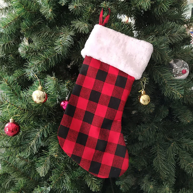 Рождественские Мини чулки клетчатая плюшевая манжета Декор Подарочный мешок