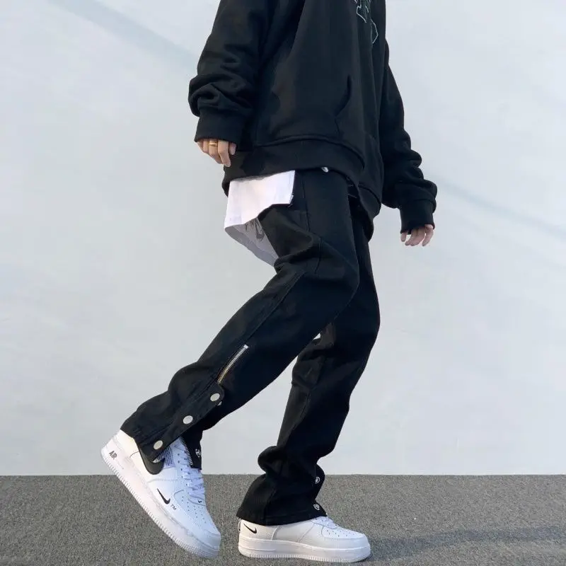 

Breasted Zipper Casual Trousers Men's Black Cargo Pants Design Slimming Hiphop Trousers Male High Street Japanese Streetwear Men