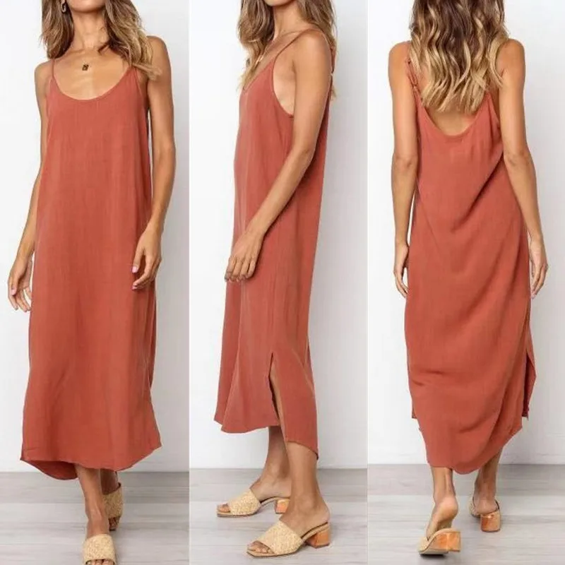 

Women Summer Casual Solid Color Bottoming Vest Dress Long Sling DressSolid Color Suspender Skirt Casual Loose