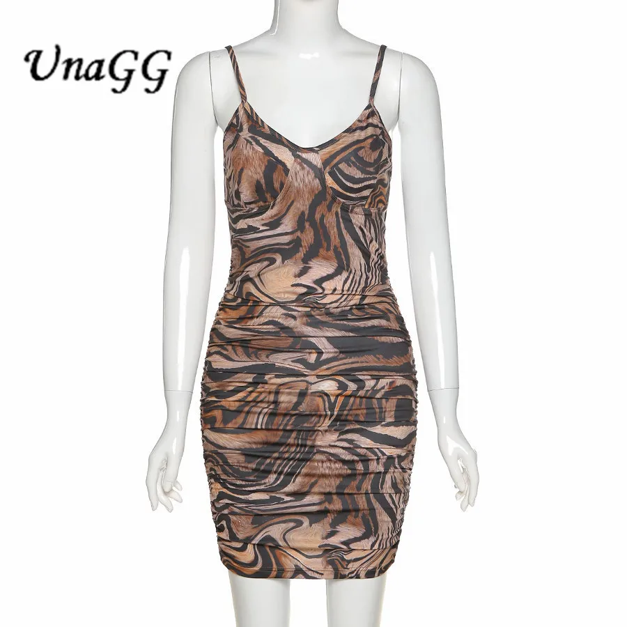 

UnaGG sexy low cut V-neck Printed graphic dress women summer casual club party wear vintage bodycon sling mini dresses female #0