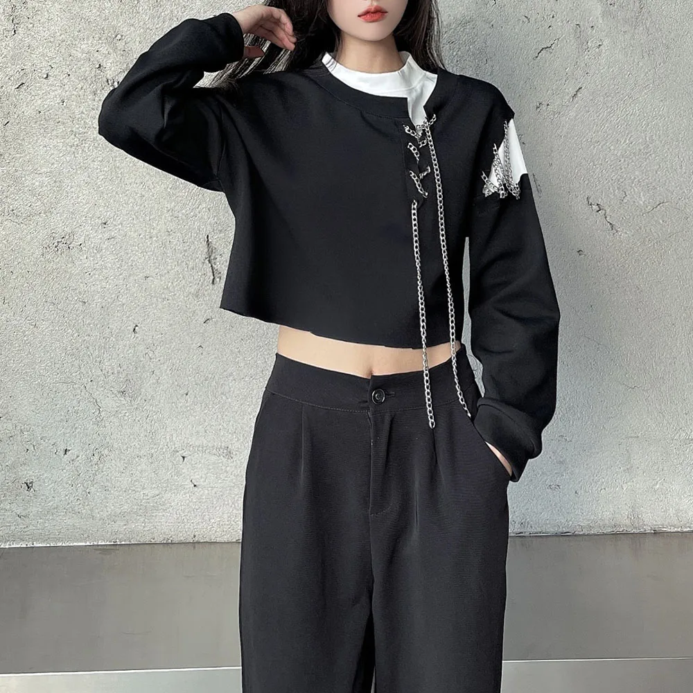 

Women Pullover 2021 Autumn New Streetwear Round Tshirt Korean Style Chain Fake Two-piece Personality Long Sleeve Short Top