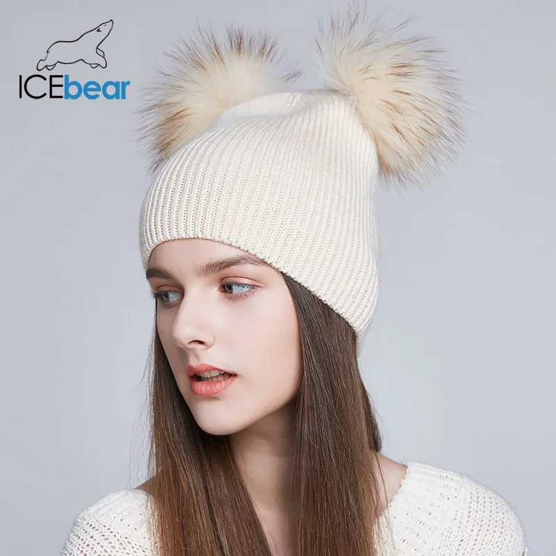ICEbear мягкие женские зимние шапки, двойная настоящая шапка с меховым помпоном, теплая Милая шапка для девочек, Новое поступление, E-MX18118Q - Цвет: 09E